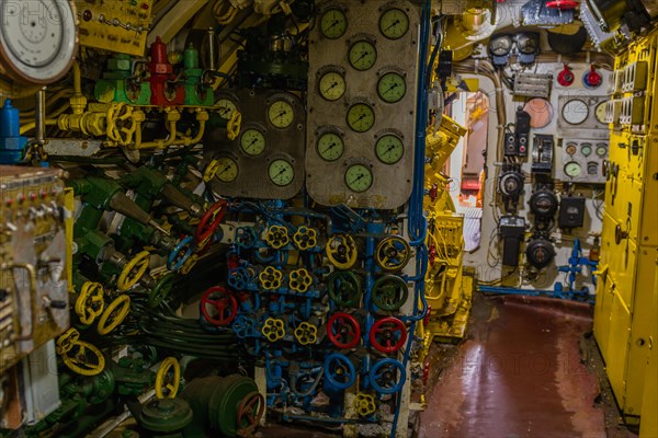 Photo of various gauges, dials, valve controls and other component inside submarine on display at Unification Park in Gangneung, South Korea, Asia