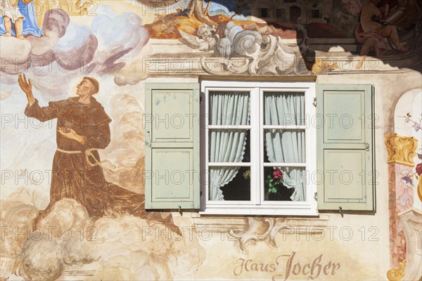 Lueftlmalerei on old house facade with wooden window, Jocherhaus, district Garmisch, Garmisch-Partenkirchen, Werdenfelser Land, Upper Bavaria, Bavaria, Germany, Europe