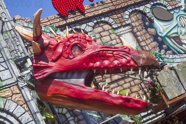 Red dragon head with ghost train, decoration, figure at the Bremen Easter Fair, Buergerweide, Bremen, Germany, Europe