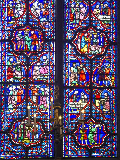 Paris 1er arr. Stained glass of the Holy Chapel (La Sainte Chapelle) built on the Ile de la Cite at the request of Saint Louis, Ile de France. France