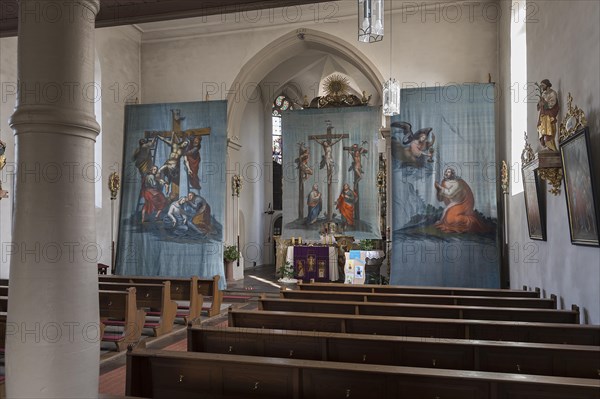 Three historical Lenten cloths, created around 1890, St Laurentius Church, Schoenau an der Brend, Lower Franconia, Bavaria, Germany, Europe