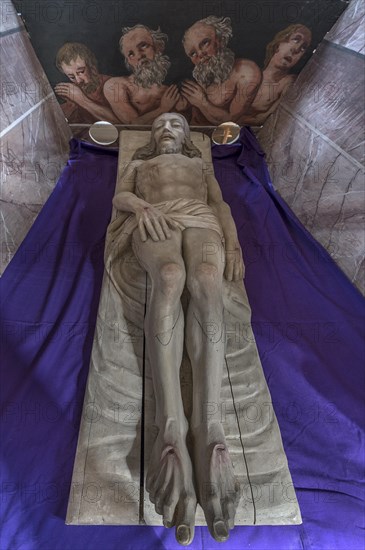 Reclining figure of Christ in the Holy Sepulchre, behind a motif of three men in purgatory, St Bartholomew's Church, Kleineibstadt, Lower Franconia, Bavaria, Germany, Europe