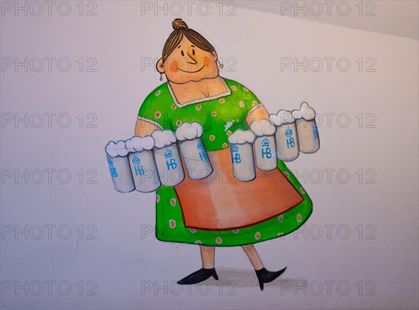 Waitress with many beer mugs, wall painting in the Hofbraeuhaus, Munich, Bavaria, Germany, Europe