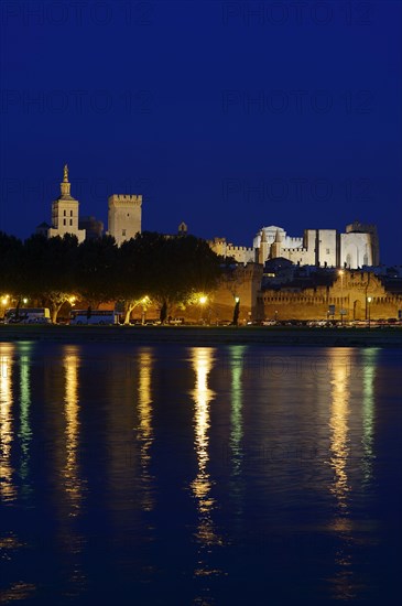 Papal Palace and Notre-Dame des Doms Cathedral at night, Avignon, Vaucluse, Provence-Alpes-Cote d'Azur, South of France, France, Europe