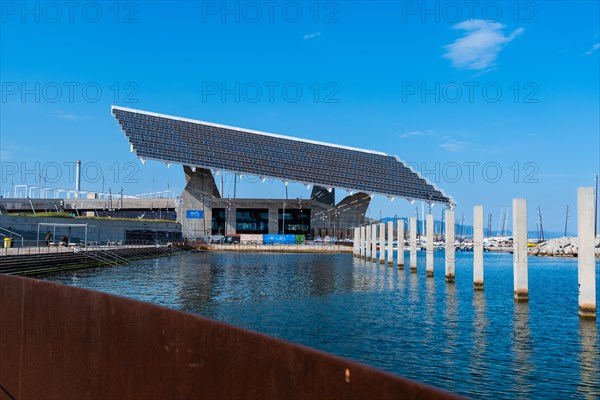 The photovoltaic pergola in the Forum district, a sail the size of a football pitch made of solar panels in the harbour on the beach in Barcelona, Spain, Europe