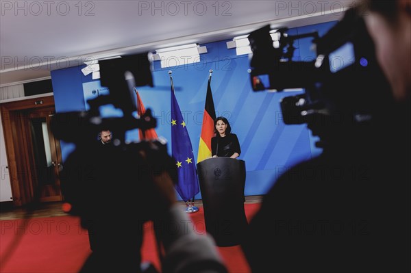 Annalena Baerbock (Alliance 90/The Greens), Federal Foreign Minister, photographed during a joint press conference with Ayman Safadi (not pictured), Foreign Minister of Jordan, after a joint meeting in Berlin, 16 April 2024 / Photographed on behalf of the Federal Foreign Office