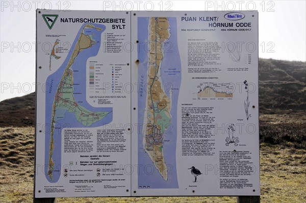 Sylt, North Frisian Island, Schleswig-Holstein, Information boards of a nature reserve with maps and descriptions, Sylt, North Frisian Island, Schleswig-Holstein, Germany, Europe