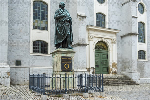 Herder monument in front of the Herderkirche, actually the town church of St Peter and Paul, a UNESCO World Heritage Site since 1998, in the old town centre of Weimar, Thuringia, Germany, Europe