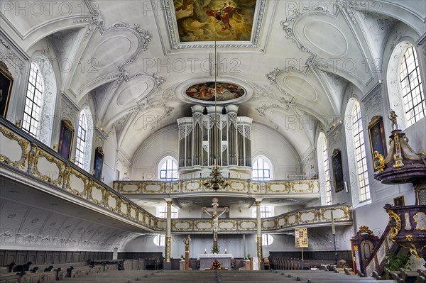 Organ loft, Dreifaltigkeitskirche, Kaufbeuern, Allgaeu, Swabia, Bavaria, Germany, Europe