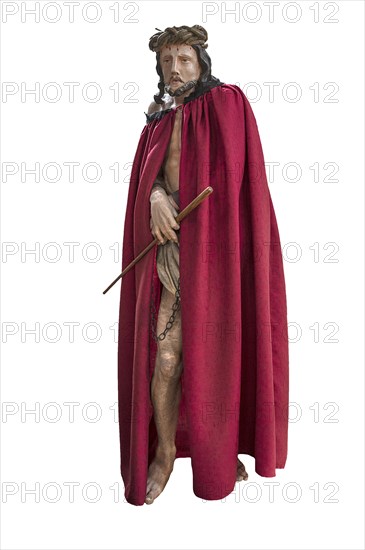 Life-size, carved figure of Jesus with a red cloak on a white background, 350-year-old processional figure in St Michael's Church, Neunkirchen am Brand, Middle Franconia, Bavaria, Germany, Europe