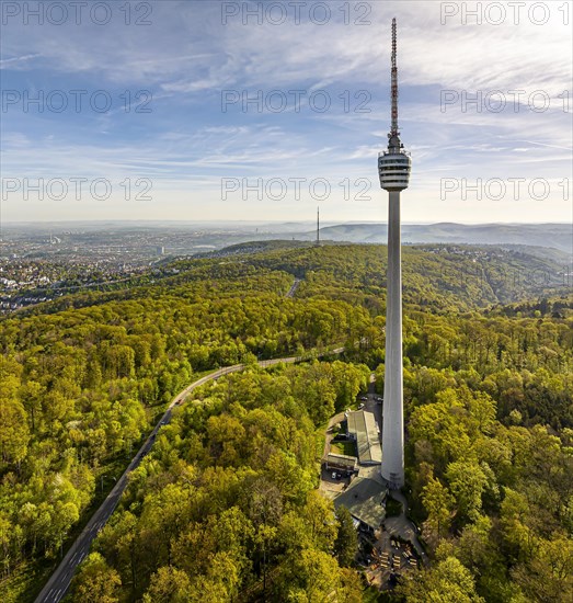TV tower, the world's first reinforced concrete tower, landmark and sight of the city of Stuttgart and official cultural monument, panoramic photo, drone photo, Stuttgart, Baden-Wuerttemberg, Germany, Europe