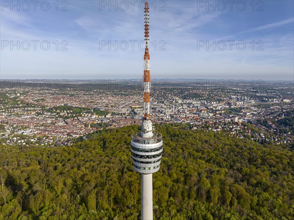 TV tower, world's first reinforced concrete tower, landmark and sight of the city of Stuttgart and official cultural monument, panoramic photo, drone photo, view of the city centre with collegiate church, Old Palace, New Palace, main railway station, Stuttgart, Baden-Wuerttemberg, Germany, Europe