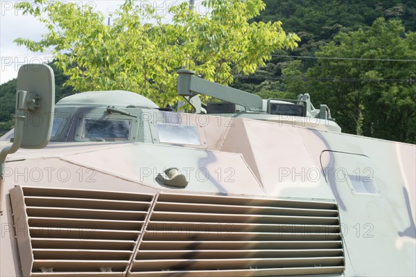 Closeup side view of grill and air vent on military vehicle displayed in public park in Nonsan, South Korea, Asia
