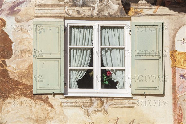 Lueftlmalerei on old house facade with wooden window, Jocherhaus, district Garmisch, Garmisch-Partenkirchen, Werdenfelser Land, Upper Bavaria, Bavaria, Germany, Europe