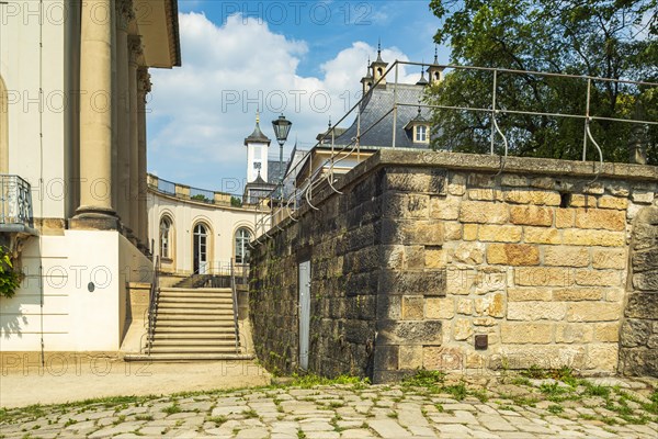 Architectural details of Pillnitz Castle on the edge of the Elbe cycle path in Pillnitz, Dresden, Saxony, Germany, Europe