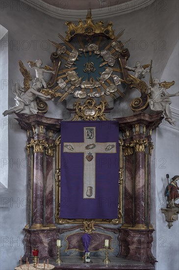 Lenten cloth in front of the left side altar, late 19th century, St John the Baptist, Ochsenfurt Hohestadt, Lower Franconia, Bavaria, Germany, Europe