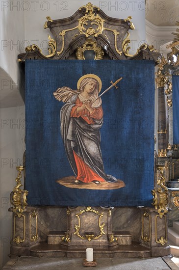 Historic Lenten cloths made in 1726, left side altar, parish church of St Nicholas, Gundelsheim, Baden-Wuerttemberg, Germany, Europe