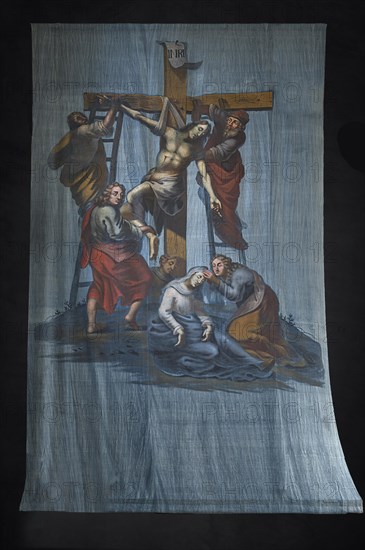 Historic Lenten cloth on a black background, created around 1890, St Laurentius Church, Schoenau an der Brend Lower Franconia, Bavaria, Germany, Europe