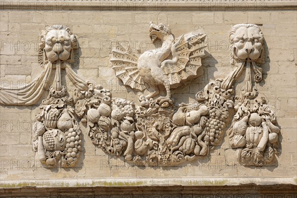 Relief on facade, Hotel des Monnaies, Avignon, Vaucluse, Provence-Alpes-Cote d'Azur, South of France, France, Europe