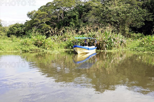 Granada, Nicaragua, A boat glides gently on the calm Nicaragua Lake surrounded by dense vegetation, Central America, Central America