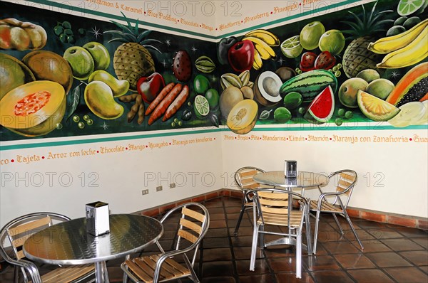 Leon, Nicaragua, A cafe with a colourful mural of fruit and sparse furnishings, Central America, Central America