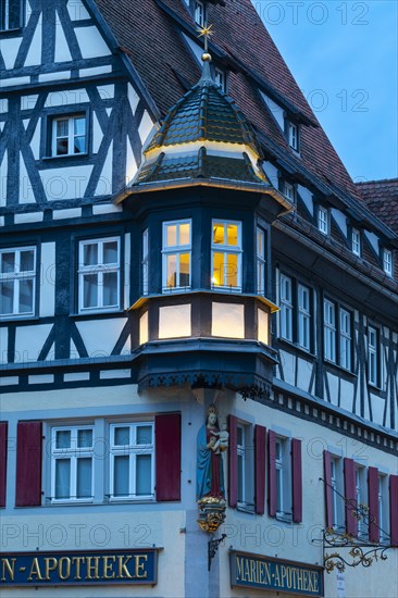 Bay window at the Marianapotheke, half-timbered house, Rothenburg ob der Tauber, Middle Franconia, Bavaria, Germany, Europe