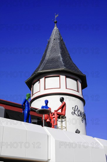 Westerland, Sylt, Schleswig-Holstein, Germany, Europe, Tower with attached sculptures under a bright blue sky, North Frisian Island, Schleswig Holstein, Europe