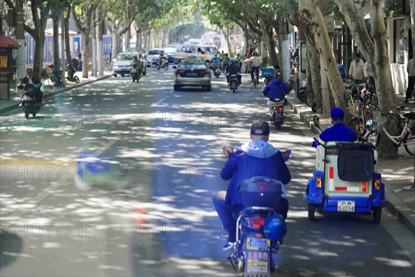 Traffic in Shanghai, Shanghai Shi, View of a busy street with shady trees and various vehicles, Shanghai, People's Republic of China