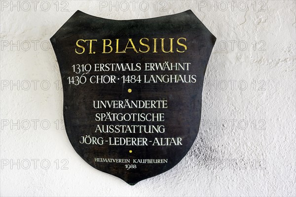 Information sign, Church of St Blasius, Kaufbeuern, Allgaeu, Swabia, Bavaria, Germany, Europe