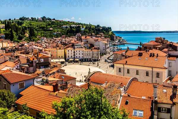 View from the bell tower over Piran and Tartin Square, harbour town of Piran on the Adriatic coast with Venetian flair, Slovenia, Piran, Slovenia, Europe