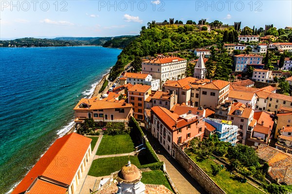 View from the bell tower over Piran with city walls and castle, harbour town of Piran on the Adriatic coast with Venetian flair, Slovenia, Piran, Slovenia, Europe