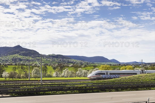 New railway line from Wendlingen to Ulm, Stuttgart21. Section of track near Kirchheim unter Teck with Burg Teck ICE, Kirchheim unter Teck, Baden-Wuerttemberg, Germany, Europe