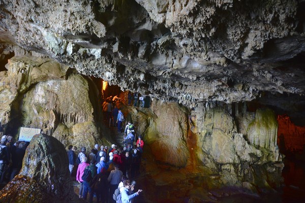 Visitors in Grotta Nereo cave in Capo Caccia cliff, Alghero, Sassari Province, Sardinia, Italy, Mediterranean Sea, South Europe, Europe