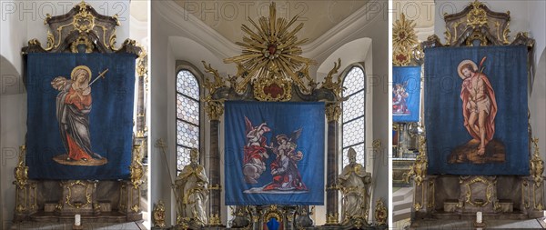 Compilation of three historical Lenten cloths, made in 1726, in front of the altars, St Nicholas parish church, Gundelsheim, Baden-Wuerttemberg, Germany, Europe