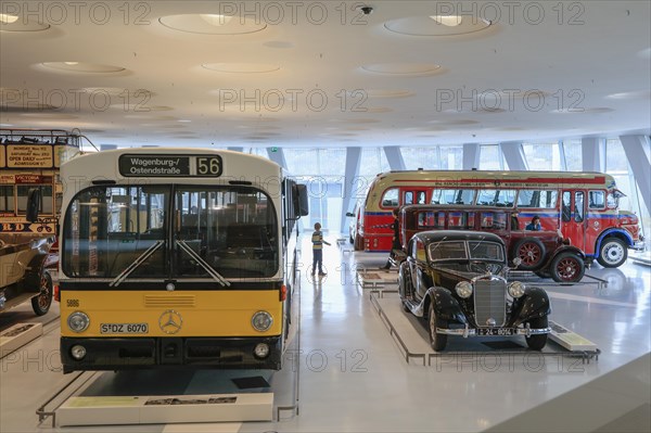 Mercedes-Benz O 305 standard regular-service bus, Mercedes-Benz 320 streamlined saloon, Mercedes-Benz Museum, Stuttgart, Baden-Wuerttemberg, Germany, Europe