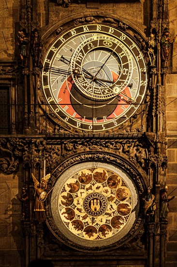 Clock, calendar, sun hand, moon hand, zodiac sign, apostle clock Prague, Prague City Hall, sightseeing, tourist attraction, apostle clock, illumination, night, building, Prague, Czech Republic, Europe