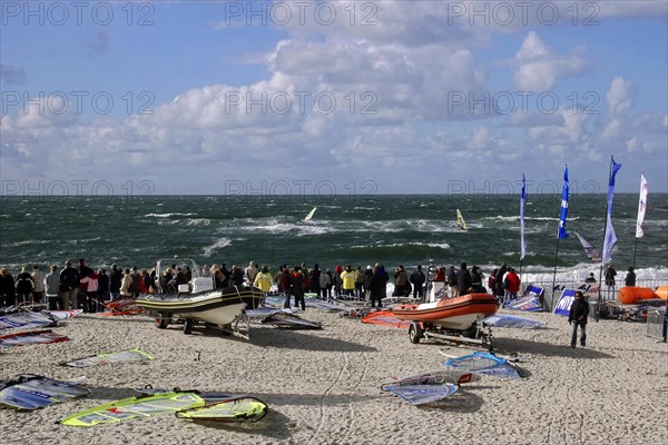 World Surfing Championships, Westerland, North Frisia, Sylt, Schleswig Holstein, people on the beach watching the dynamic sea, surrounded by surfboards and boats, Sylt, North Frisian Island, Schleswig Holstein, Germany, Europe