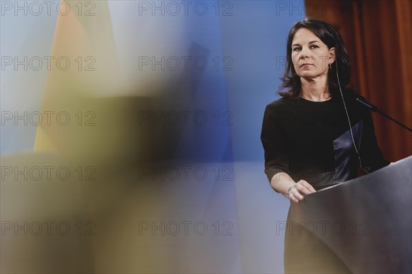 Annalena Baerbock (Alliance 90/The Greens), Federal Foreign Minister, photographed during a joint press conference with Ayman Safadi (not pictured), Foreign Minister of Jordan, after a joint meeting in Berlin, 16 April 2024 / Photographed on behalf of the Federal Foreign Office