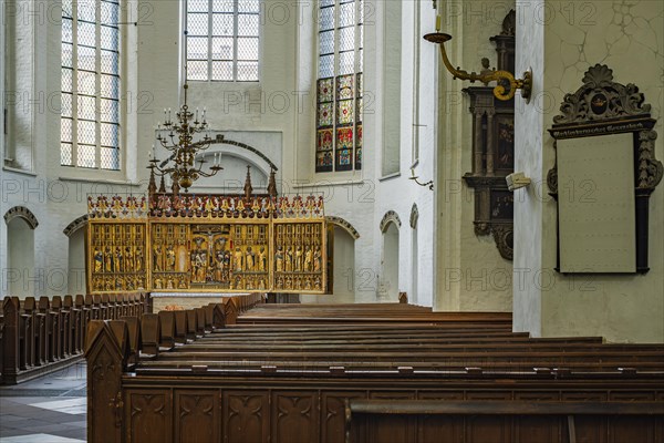 Interior view of the northern transept with former high altar of St Nicholas' Church in St Mary's Church in the historic old town of Rostock, Mecklenburg-Western Pomerania, Germany, Europe