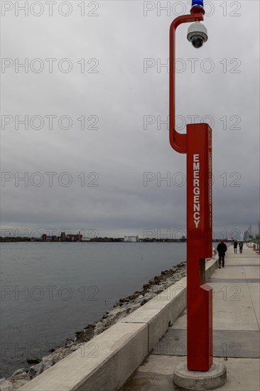 Detroit, Michigan, An emergency call box on the Detroit Riverwalk, on the site of the old Uniroyal tire plant