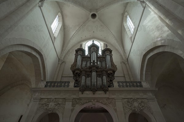Organ loft of the former Cistercian monastery of Pontigny, Pontigny Abbey was founded in 1114, Pontigny, Bourgogne, France, Europe