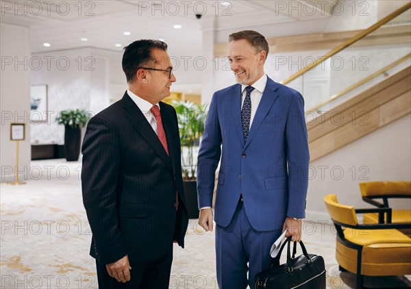 Christian Lindner (FDP), Federal Minister of Finance, and Joachim Nagel President of the Deutsche Federal Bank, photographed at a press breakfast during the IMF Spring Meetings in Washington, 18 April 2024. Photographed on behalf of the Federal Ministry of Finance (BMF)