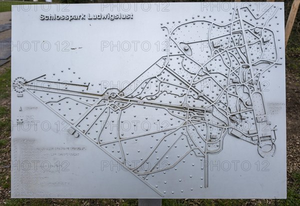 Plan of Ludwigslust Palace Park made of metal in Braille for the blind, Ludwigslust, Mecklenburg-Vorpommern, Germany, Europe