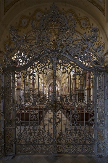 Artistic, wrought-iron gate in front of the interior of Ebrach Abbey, former Cistercian abbey, Ebrach, Lower Franconia, Bavaria, Germany, Europe