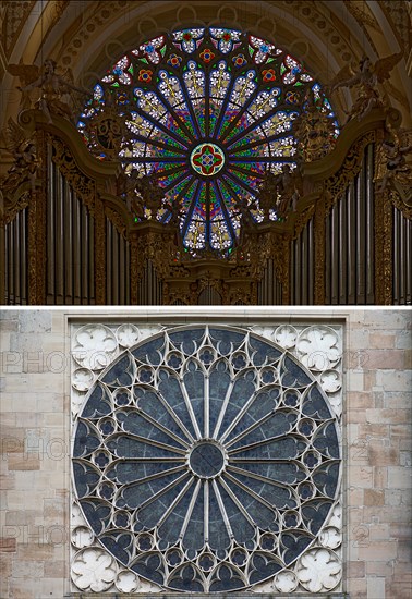 Gothic rose window of the Ebrach monastery church from the inside and outside, Ebrach, Lower Franconia, Bavaria, Germany, Europe