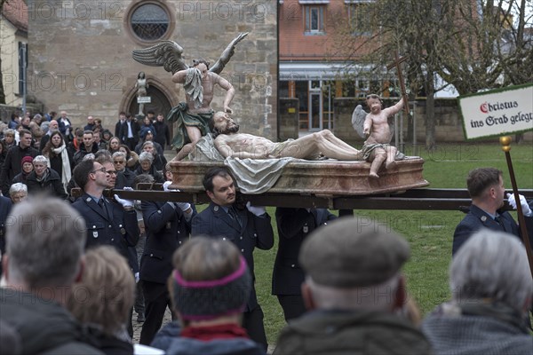 Historic Good Friday procession for 350 years with life-size wood-carved figures from the 18th century, Neunkirchen am Brand, Middle Franconia, Bavaria, Germany, Europe