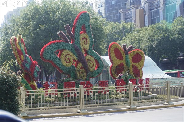 Stroll in Chongqing, Chongqing Province, China, Asia, Colourful flowering plant sculptures in the shape of butterflies in a park, Chongqing, Asia