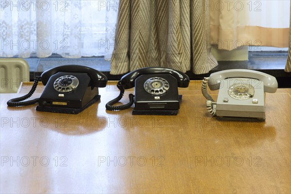 Stasi Museum in the former MfS building. Telephones in the antechamber of the former head of the Ministry for State Security, MfS, Erich Mielke, The exhibition in the Stasi Museum provides information about the role of the GDR secret police, their strategies and victims, 17 Jan. 2015, Berlin, Berlin, Germany, Europe