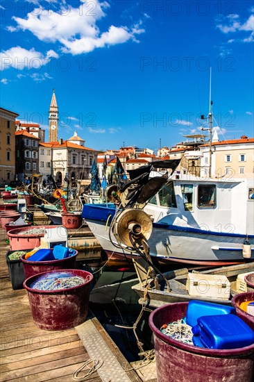 Harbour basin with fishing port, harbour town of Piran on the Adriatic coast with Venetian flair, Slovenia, Piran, Slovenia, Europe