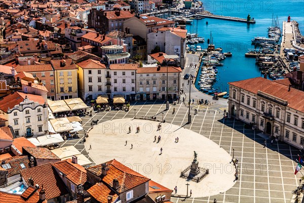 View from the bell tower over Piran and Tartin Square, harbour town of Piran on the Adriatic coast with Venetian flair, Slovenia, Piran, Slovenia, Europe